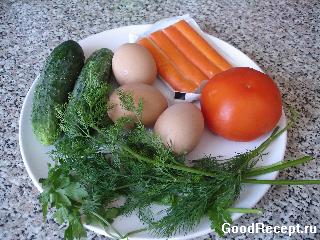 Салат из крабовых палочек с огурцом и помидором "Визит"